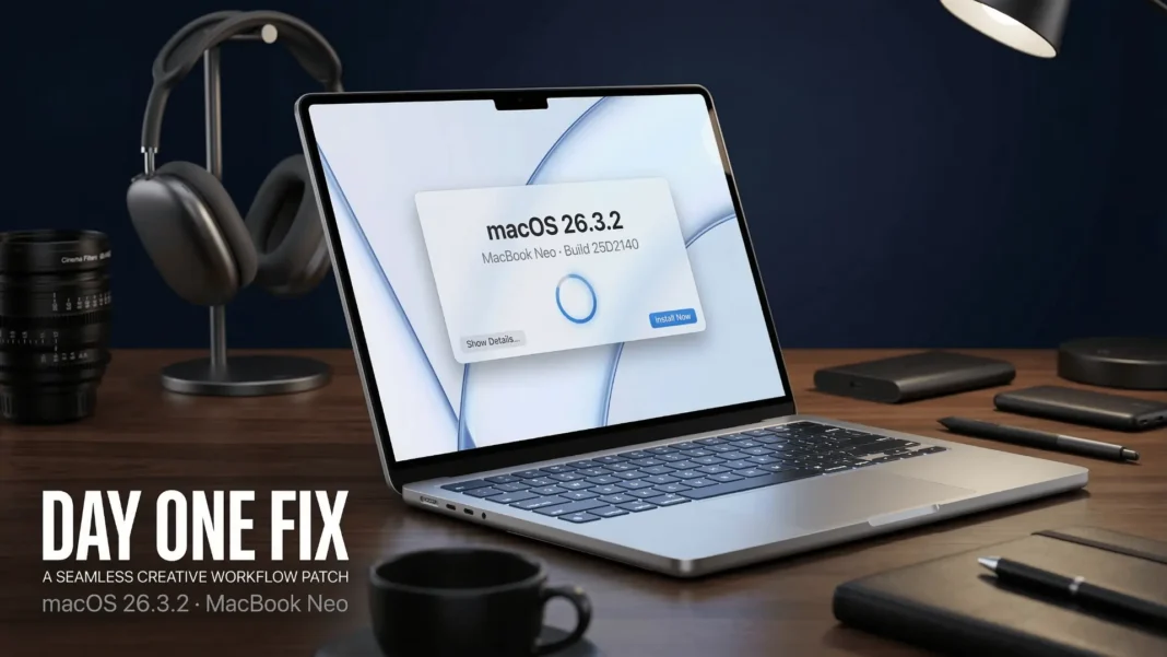 MacBook Neo displaying macOS Tahoe 26.3.2 software update screen with Liquid Glass interface on a desk in 2026