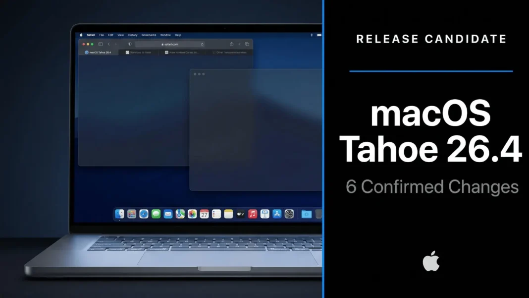 macOS Tahoe 26.4 RC running on MacBook with Safari compact tab bar and Freeform AI canvas visible on screen 2026