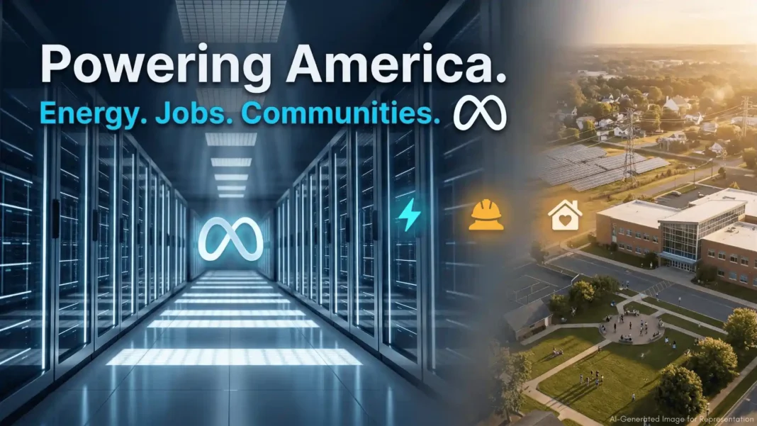 Meta AI-optimized data center exterior with energy infrastructure supporting US jobs and local communities in 2026