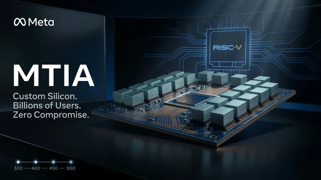 Meta MTIA custom AI silicon chip roadmap 2026 showing four generations MTIA 300 400 450 500 for GenAI inference at scale