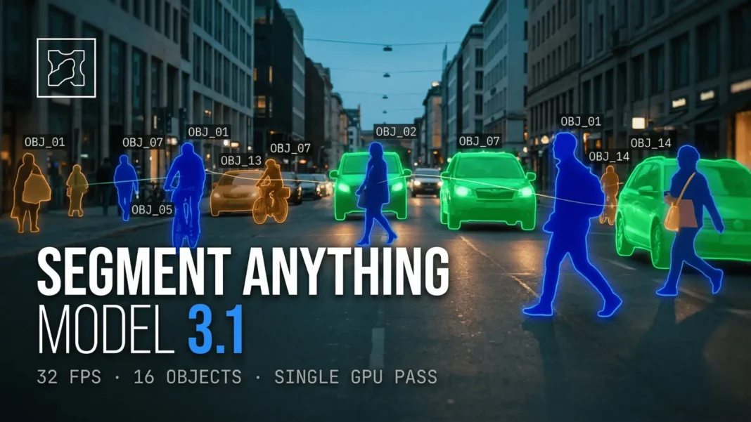 Meta SAM 3.1 AI model tracking and segmenting 16 objects simultaneously in real-time video using object multiplexing on a single H100 GPU