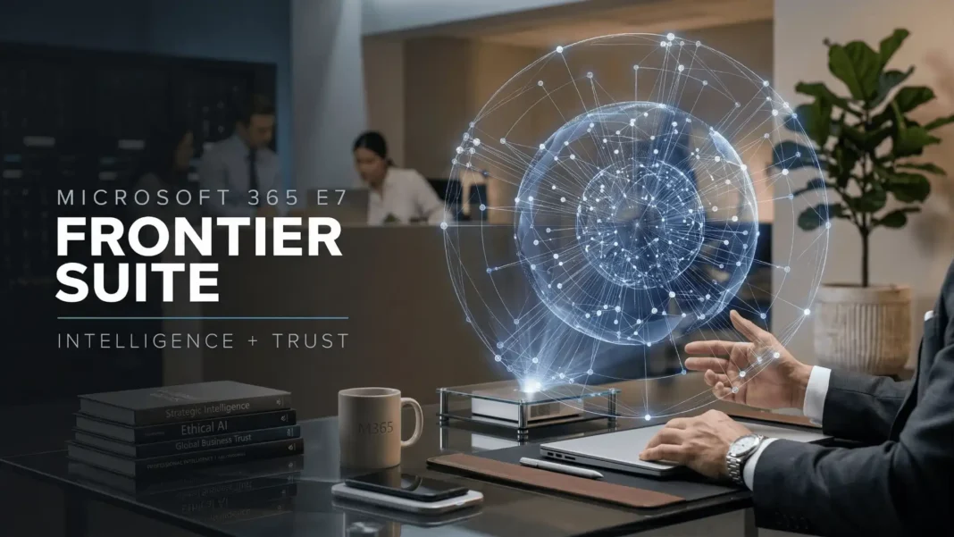 Microsoft 365 E7 Frontier Suite holographic AI agent network dashboard with Copilot Wave 3 and enterprise intelligence controls in 2026