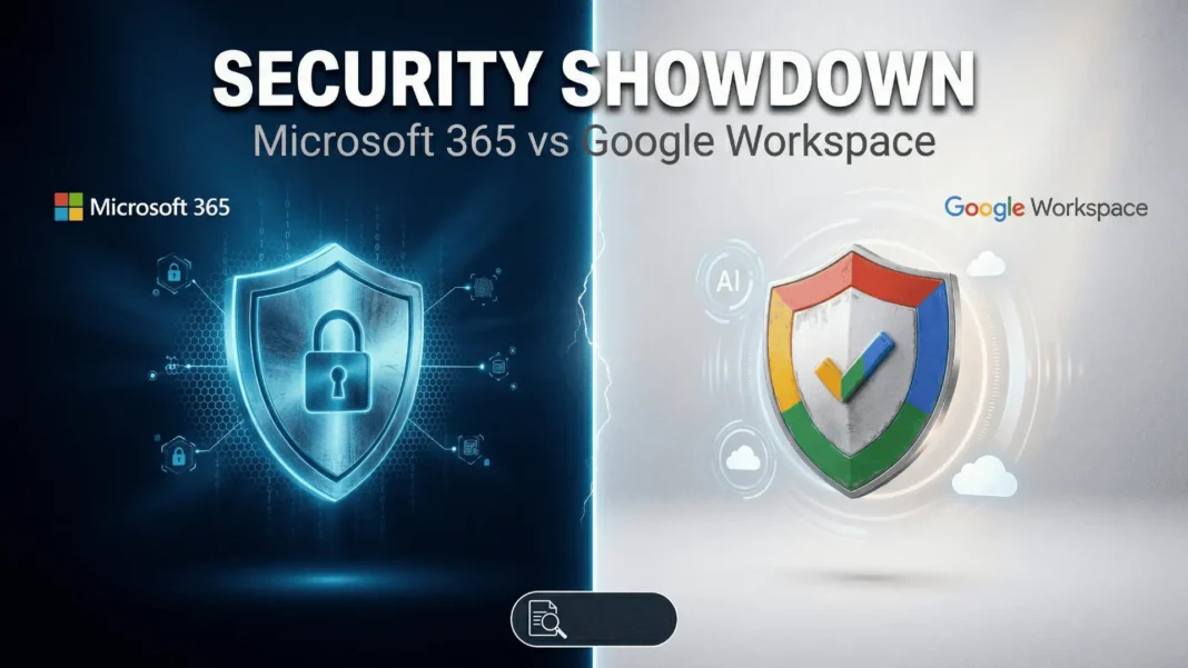 Microsoft 365 and Google Workspace security dashboards displayed side by side on a laptop screen in a modern office in 2026