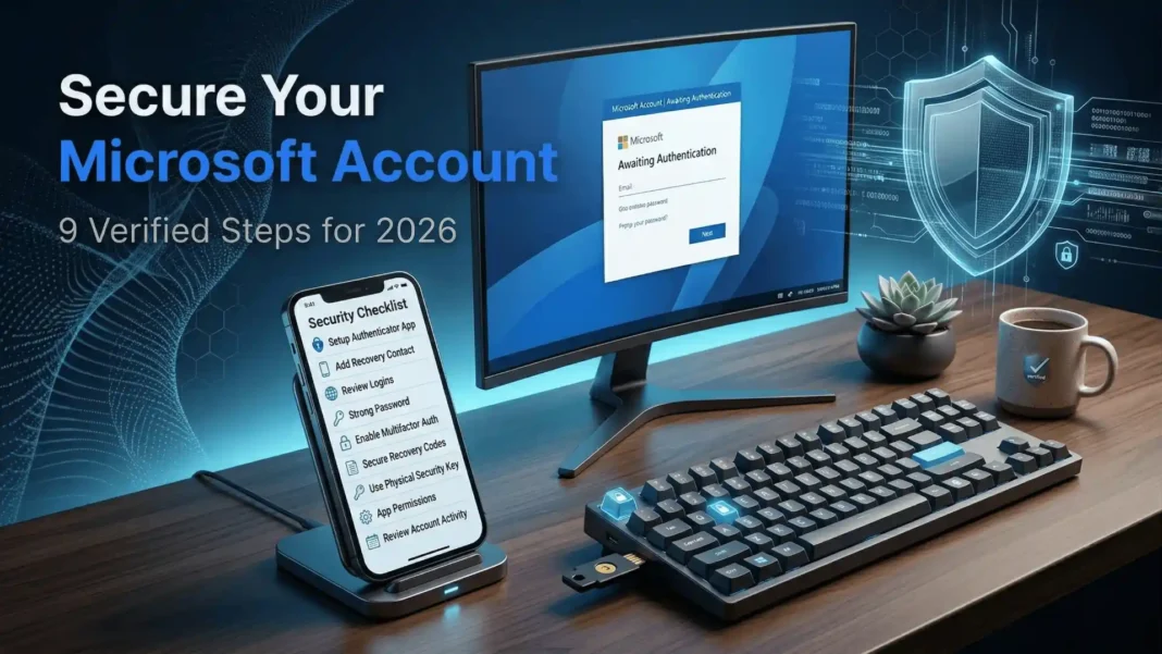 Person securing Microsoft account on smartphone with Microsoft Authenticator app and passkey setup enabled