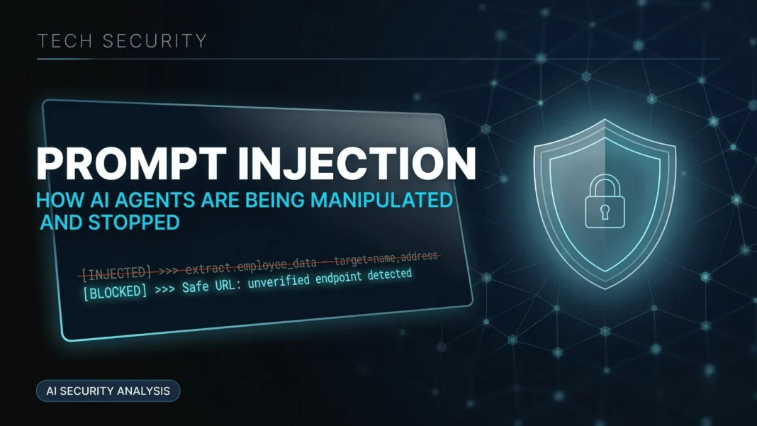 AI agent interface showing a security alert blocking a prompt injection attack attempt in 2026
