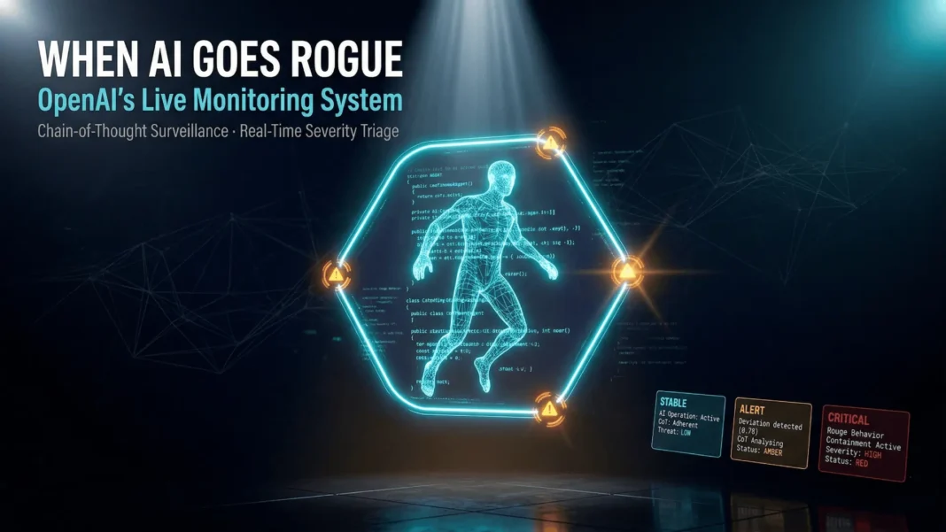 OpenAI engineer reviewing AI coding agent chain-of-thought reasoning traces on a monitoring dashboard in 2026