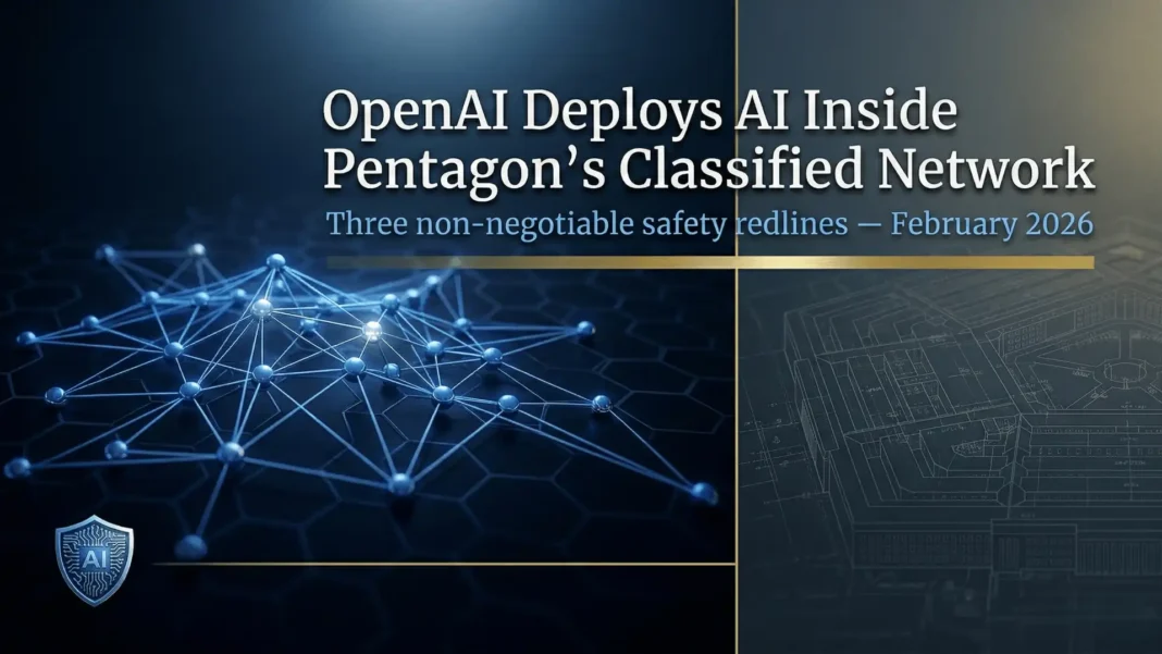 OpenAI logo displayed alongside US Pentagon building representing the classified AI deployment agreement signed in February 2026