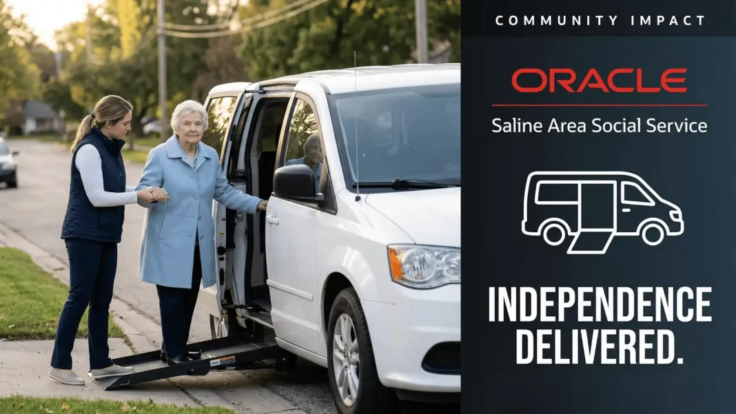 Senior woman entering a handicapped-accessible van in Saline, Michigan funded by Oracle's 2026 community program