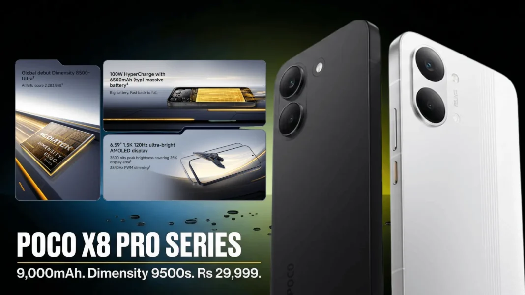 POCO X8 Pro and X8 Pro Max smartphones side by side showing AMOLED display and dual camera module at India launch 2026