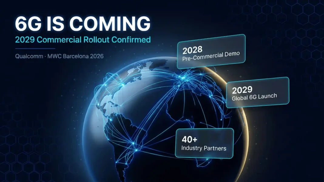 Qualcomm 6G coalition announcement at MWC Barcelona 2026 showcasing AI-native network roadmap and commercialization timeline