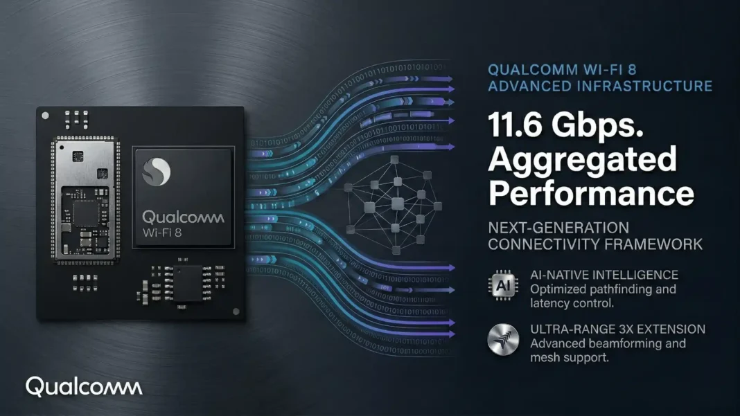 Qualcomm FastConnect 8800 WiFi 8 chip showcasing AI-native connectivity and integrated Bluetooth 7 UWB at MWC 2026