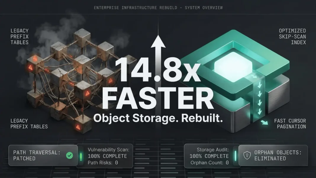 Supabase Storage architecture overhaul showing 14.8x faster object listing with skip-scan algorithm and security fixes in 2026