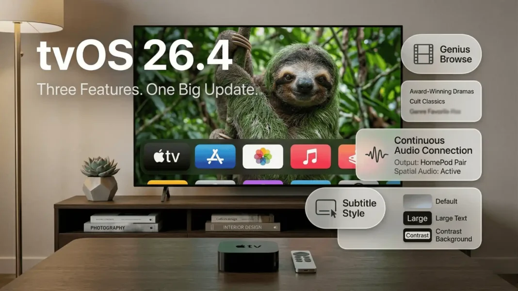 Apple TV 4K device and Siri Remote with tvOS 26.4 update showing new features including Genius Browse and subtitle settings