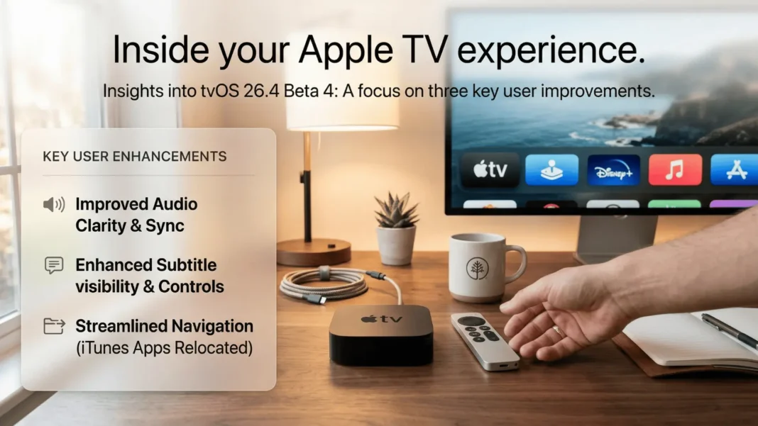 Apple TV 4K device with editorial tvOS 26.4 Beta 4 text overlay showing audio fix and subtitle updates in 2026