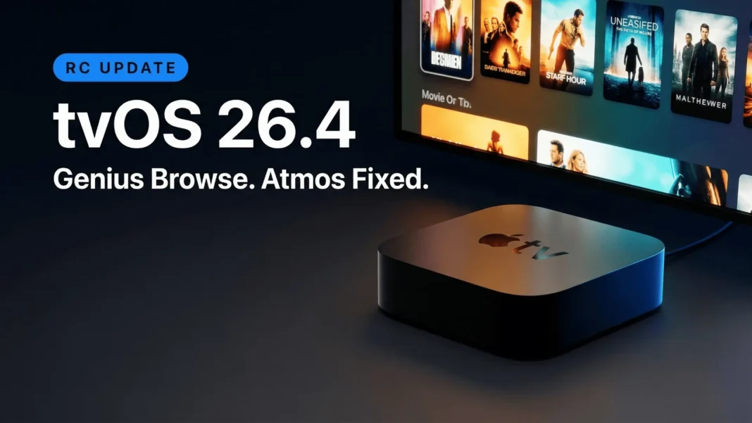 Apple TV 4K displaying tvOS 26.4 Genius Browse interface with curated movie recommendations on a large screen in 2026