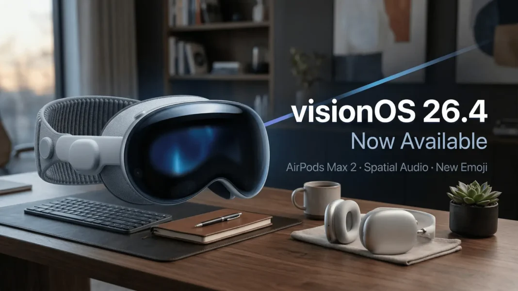 Apple Vision Pro headset alongside AirPods Max 2 running visionOS 26.4 released March 24 2026