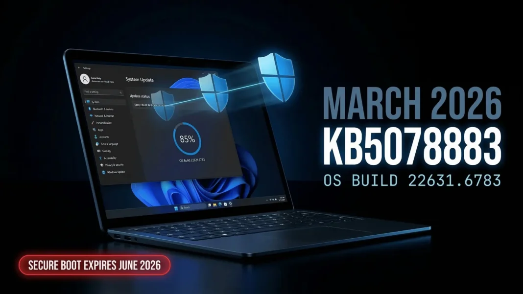 Windows 11 update screen showing KB5078883 OS Build 22631.6783 installing on a laptop in March 2026