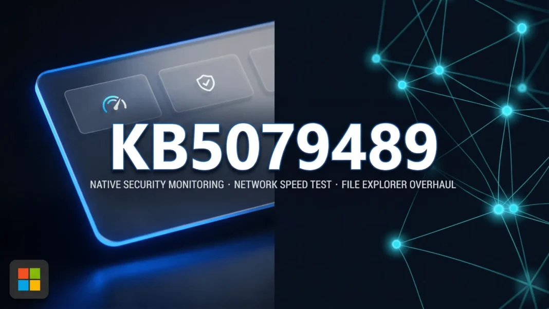 Windows 11 26H1 taskbar Quick Settings panel showing new network speed test option after KB5079489 update