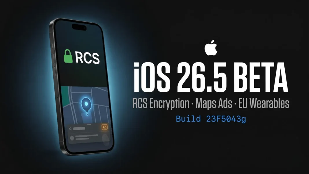 iOS 26.5 beta build 23F5043g showing RCS encryption and Apple Maps ads on iPhone 16 Pro